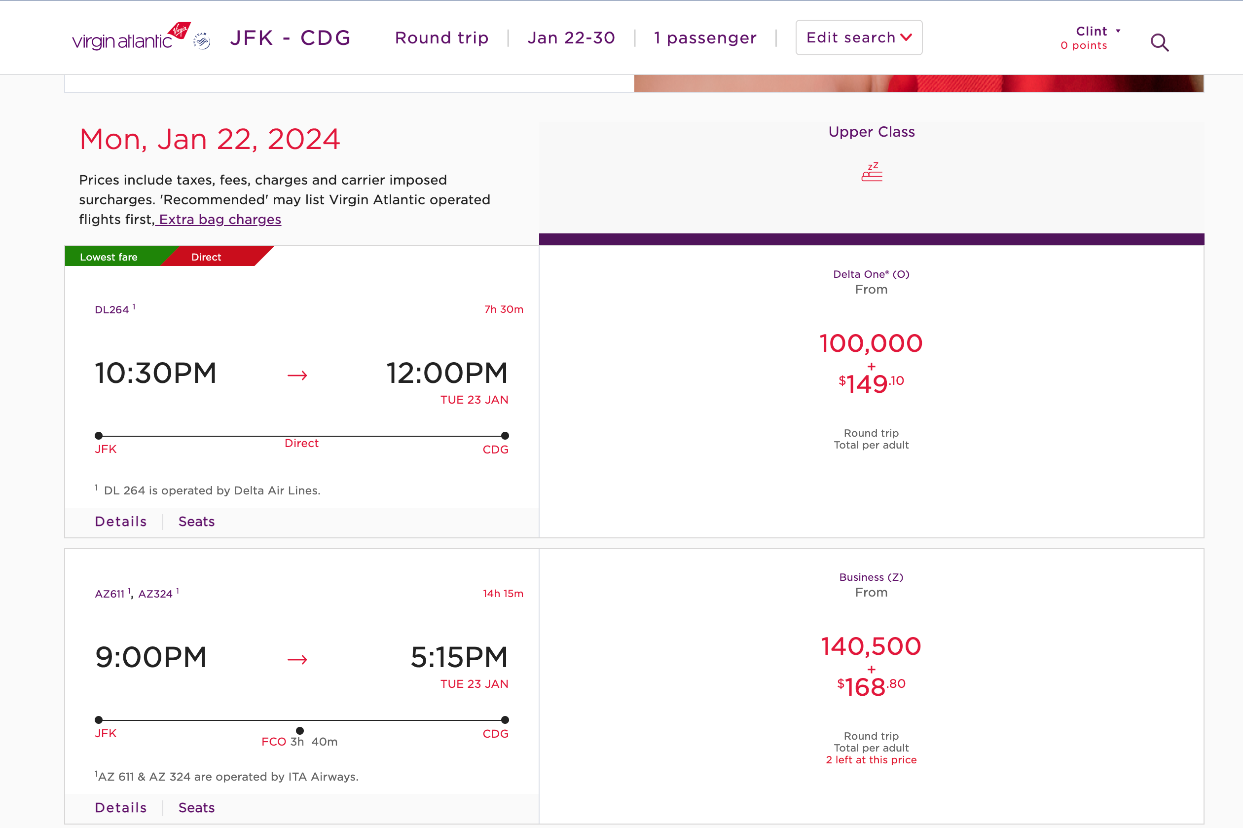 Virgin Atlantic booking with just $149 in taxes and fees. 